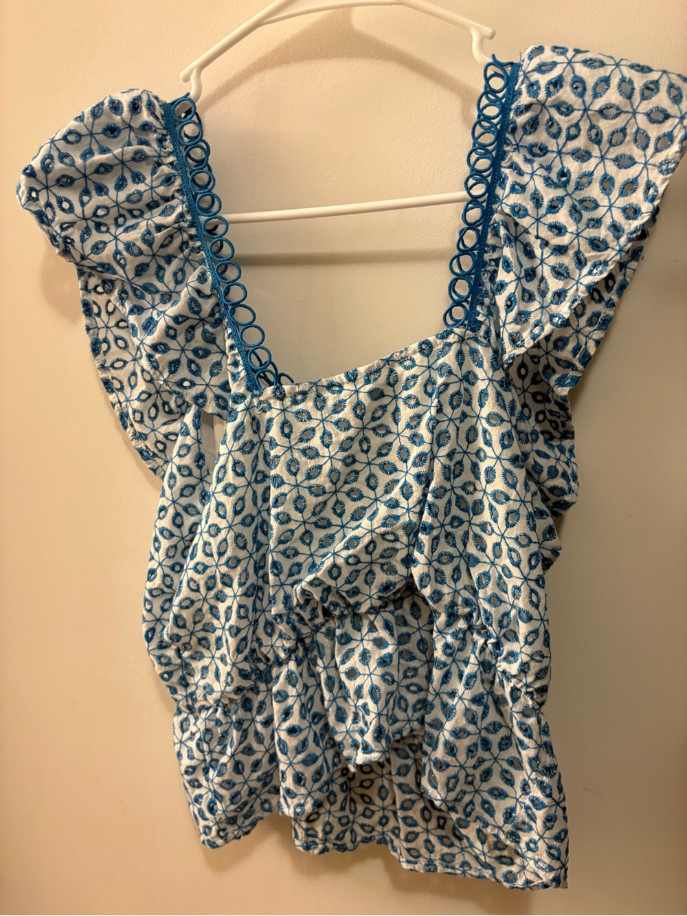 Sugarlips White and Blue Floral Ruffle Tank